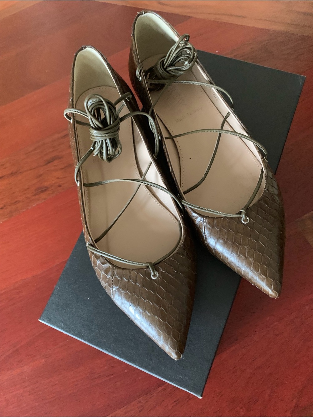 JCrew Collection Lace up ballet flats, snakeskin, olive green, 5.5